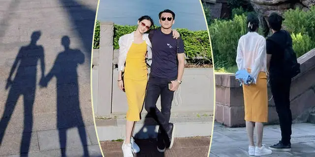 Group photo of Miao Miaosha and Zheng Kai on a trip. They hug their shoulders and snuggle up to each other. They are extremely happy