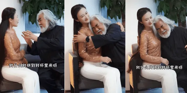 張紀中被嬌妻摟進懷裏 抓緊雙臂一臉笑容大秀恩愛