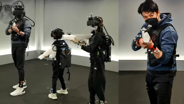 陆毅陪女儿们玩VR游戏 一身装备举枪帅气十足