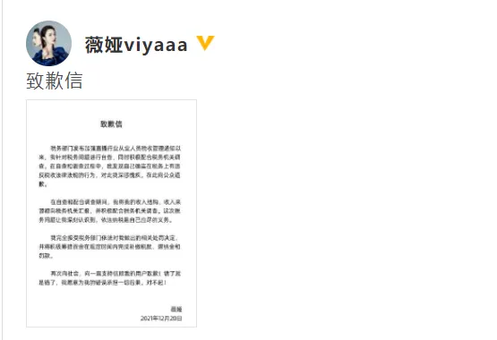 薇娅发布致歉信 将积极补缴税款滞纳金和罚款