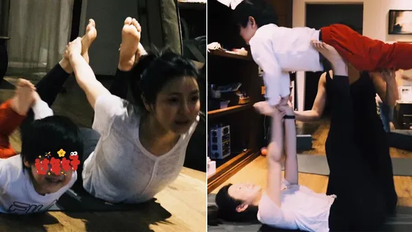 陈妍希带儿子做亲子瑜伽 素颜出镜皮肤粉白似少女
