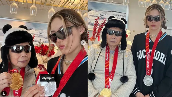 谷爱凌晒和外婆的合照 戴墨镜展示冬奥奖牌其乐融融
