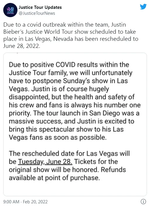 Justin Bieber's new crown tour will be partially postponed until summer