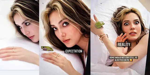 Gu ailing basks in photos, widens her eyes and interacts with frogs, which is very funny