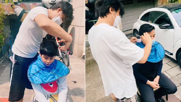 章龄之分享老公陈龙近照 摆摊为小区居民理发有模有样