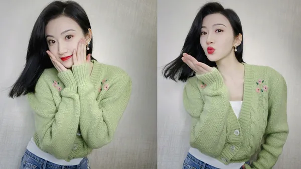 景甜晒立夏四宫格自拍 穿绿色毛衣清新甜美
