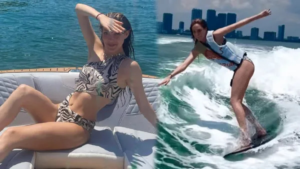 Gu ailing shows off her fitness posture in a printed bikini while taking Miami surfing photos
