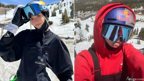 Gu ailing 520 takes ski photos, wears a sports suit and helmet, and is full of vitality