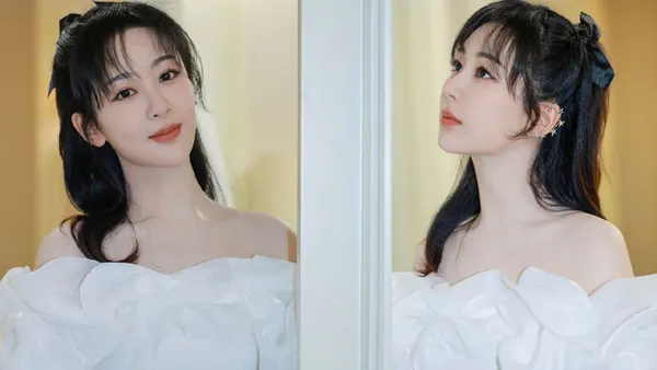 杨紫白色花瓣裙秀一字肩 卷发马尾清纯甜美