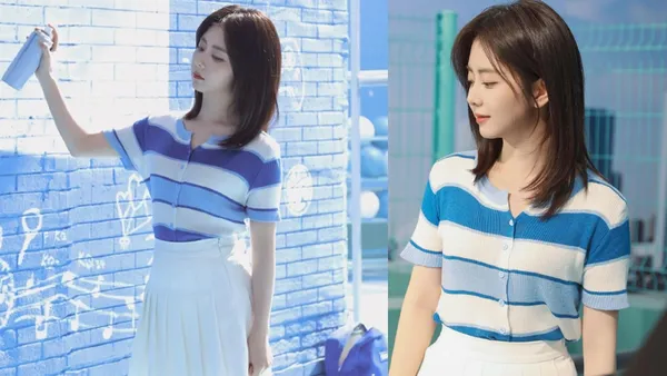 工作室晒谭松韵花絮照 蓝白色调穿搭侧颜温柔知性