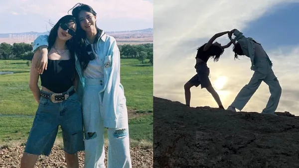 沈梦辰晒与好姐妹孟佳的旅行照 与美景合照高难度比心超酷