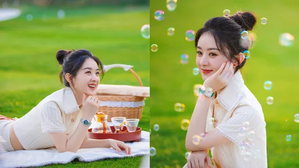 赵丽颖午后露营随拍 与狗狗嬉戏彩色泡泡梦幻童真