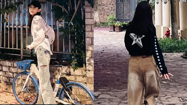 迪丽热巴晒夏夜花下骑行随拍 休闲风穿搭跑跳活泼又可爱