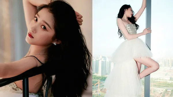 关晓彤穿白色烫金纱裙秀长腿 对镜凝视微笑气质优雅