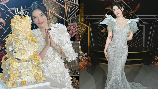 黄奕穿深v花瓣礼服歪头靠在蛋糕旁 甜美优雅气质佳