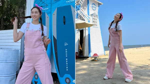 郑秀妍分享海边大片 粉色背带裤扎双马尾麻花辫青春活力