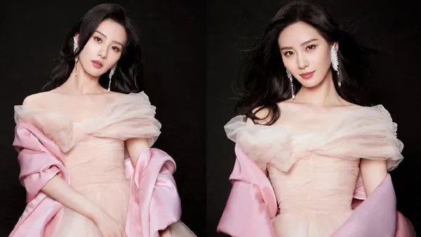 劉詩詩穿粉色一字肩長裙秀精緻鎖骨 波浪捲髮温柔有氣質