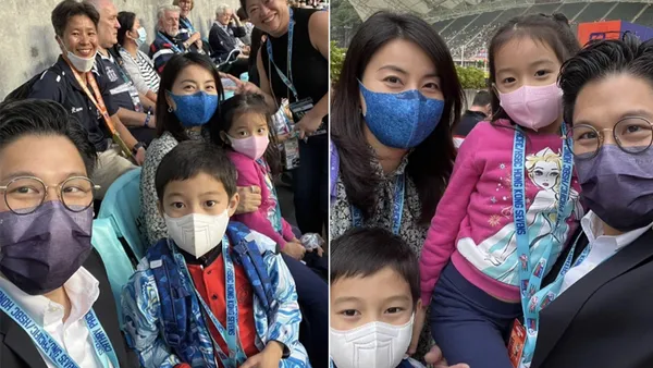 Huo Qigang and Guo Jingjing took their children to watch the game. The family was smiling and in a good mood.