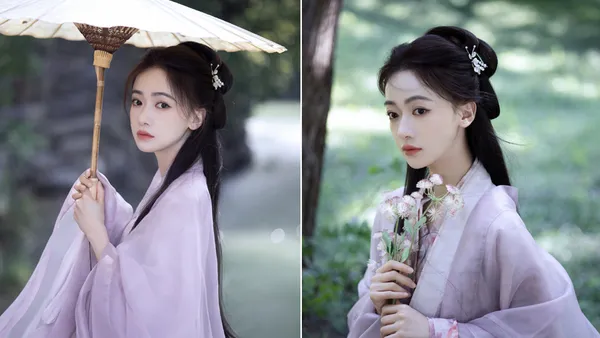 吳謹言分享紫衣古風造型九宮格 河邊撐傘回眸靈動仙氣