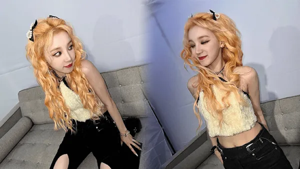 Song Yuqi's blond hair looks like a doll wearing a jacket showing a hot waist.
