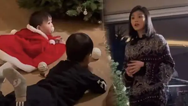 奚夢瑤裝飾聖誕樹 一對兒女趴地上圍觀媽媽超可愛