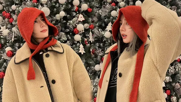 迪麗熱巴曬年末三連拍 穿毛絨外套戴小紅帽可可愛愛