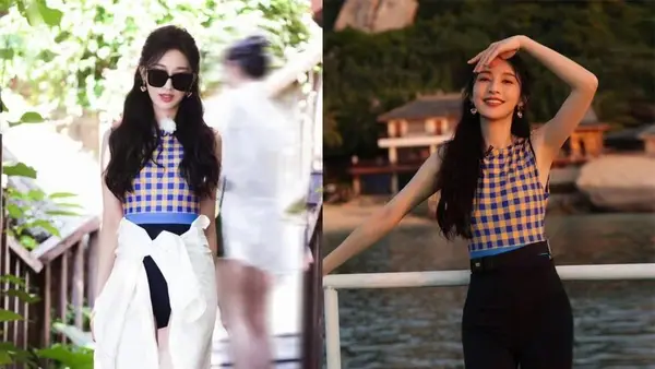 张俪穿格子泳衣秀纤细美腿 皮肤白嫩透亮状态好