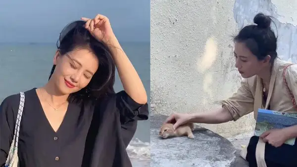 高圆圆晒厦门旅行照 路边与猫咪玩耍轻松自在