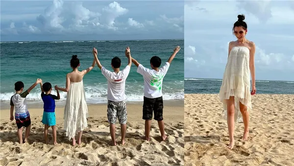 陈若仪晒一家五口海岛度假照片 kimi贴心为妈妈拍照