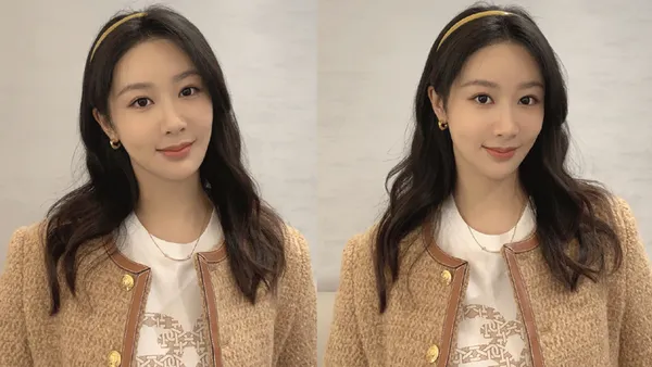 工作室晒杨紫二月开工照 小香风外套配同色系发卡温婉甜美