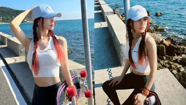 李小璐穿露腰装玩滑板 身材火辣似逆龄少女