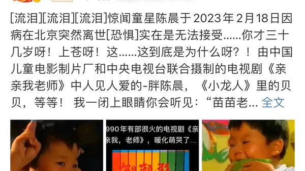《小龙人》贝贝扮演者陈晨去世，年仅38岁