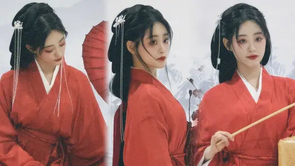 祝绪丹一袭古风红衣气质温婉 手提灯笼眼神温柔