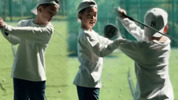 陈小春晒儿子打高尔夫视频 Jasper挥杆动作专业