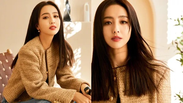 佟丽娅穿小香风外套搭阔腿牛仔裤 黑长直发型精致迷人