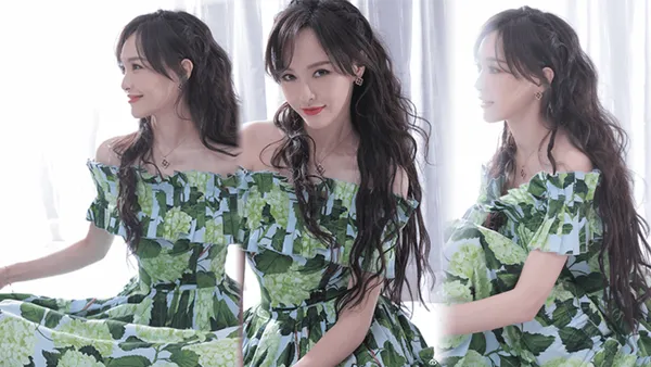 唐嫣绿色碎花长裙小露香肩 优雅甜美灵气动人