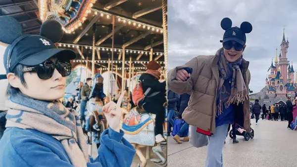 Li Yuchun wears a casual outfit to play Disney and is cute and cute with a Mickey hat.