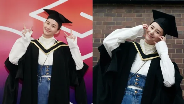 何超莲分享伦敦大学毕业照 冲镜头脸颊比心笑容甜