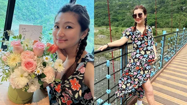 Selina分享与男友出游照 穿碎花裙大方露腿孕肚明显