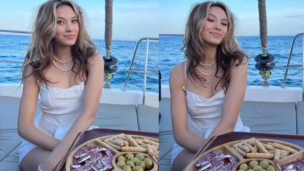 Gu Ailing sunny vacation with good temperament sling skirt embellished with pearl necklace beautiful