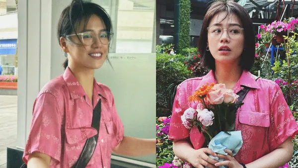 马思纯穿粉色T恤晒胶片随拍 手捧鲜花氧气感爆棚