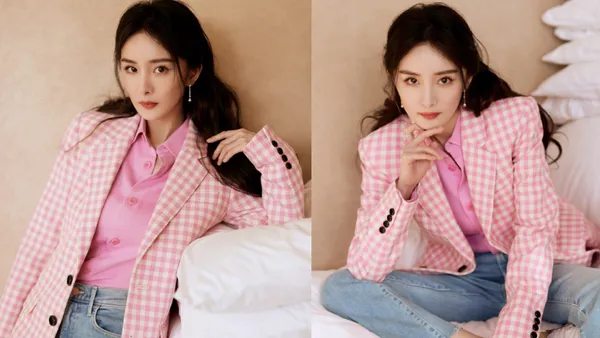 杨幂粉色格子西装造型 清纯靓丽大秀完美好身材