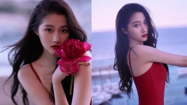 关晓彤身着吊带红裙身材曼妙 红唇卷发风情万种明艳动人