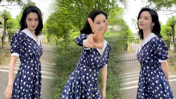 景甜晒夏日郊游户外随拍 着蓝色碎花裙少女感十足