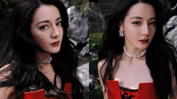 迪丽热巴一袭红色刺绣礼服 五官立体眼神深邃迷人