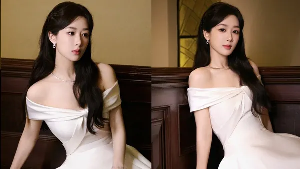 杨紫工作室晒一字肩白裙造型大片 长发微卷气质温柔甜美