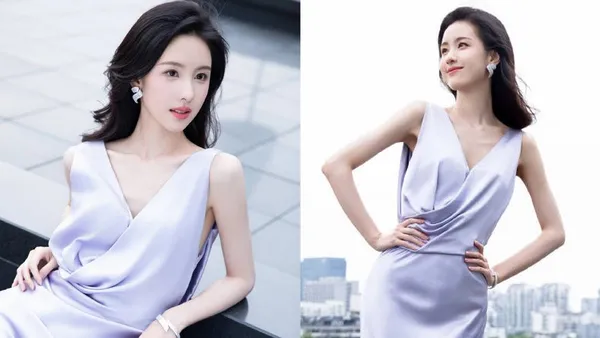 陈都灵一袭紫色v领鱼尾长裙 笑容明媚气质知性大方