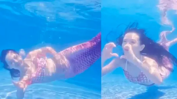 谢娜晒游泳vlog 美人鱼造型惊艳水中俏皮比心