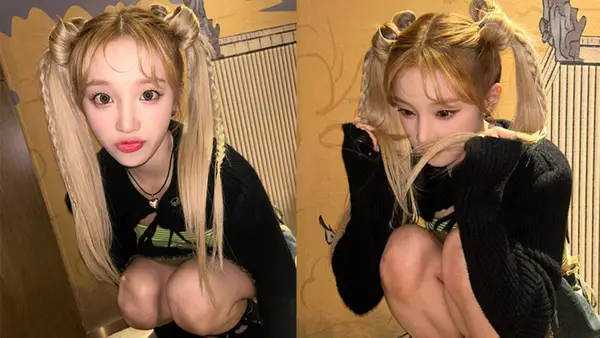 Song Yuqi wears a ponytail like a blond Barbie in a short skirt and long legs.