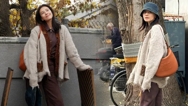 高圆圆晒北京深秋随拍 漫步落叶胡同与猫咪互动